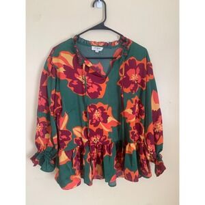 Umgee USA Women's Green Floral‎ Print Ruffle Neck Peasant Blouse Top Size S